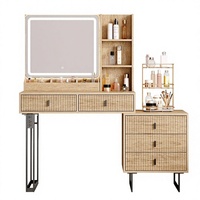 Grande coiffeuse moderne en bois de chêne avec miroir tactile à intensité variable, station de charge, 5 tiroirs coulissants et étagères de rangement