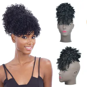 Atacado afro rabo de cavalo cordão com franja sintético curto encaracolado cordão coque de cabelo rabo de cavalo com franja