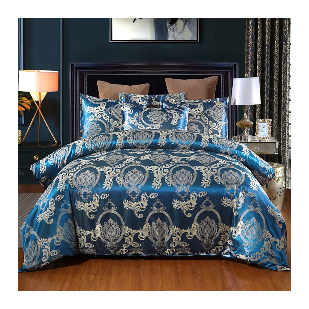 Europäische Retro Barock OEKO-TEX Custom Jacquard Einfache blaue einfarbige Satin Bett bezug Set