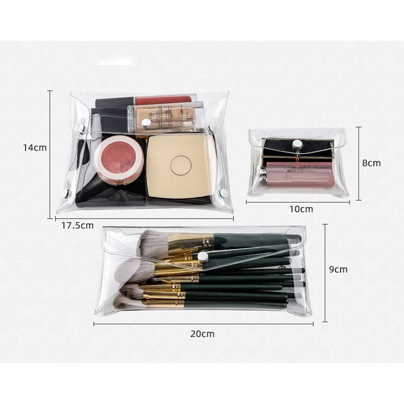 Wholesale Promotional Cheap Portable 3 Sizes Snap Button Closure Small Clear Makeup Bag Set Transparent PVC Cosmetic Pouch Bag