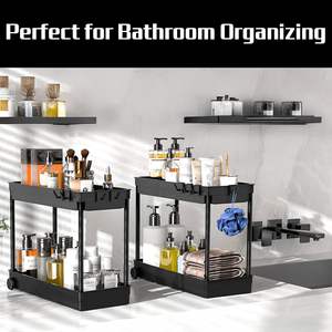 Organisateur sous évier à double niveau en ABS, tiroir de rangement coulissant pour cuisine, crochets, étagères autoportantes pour salle de bain - Product Image 4