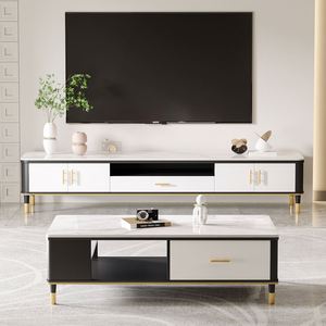 Table basse en roche frittée et meuble TV combinés pour salon, style simple, moderne, luxueux et minimaliste, table à thé rectangulaire - Product Image 5
