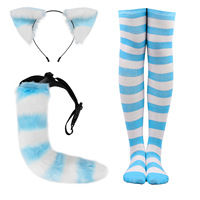 Costume Halloween Décor Peluche Chat Oreille et Queue Ensemble Cosplay Animal Oreille Bandeau Halloween Rayé Bas Accessoires Accessoires