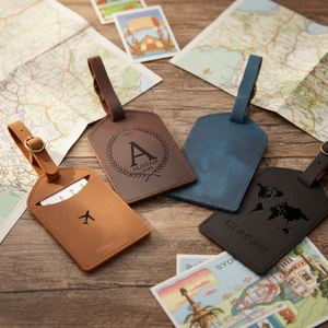 Personalized Engraved Genuine Leather Luggage <b>ID</b> <b>Tags</b>-Durable Modern Promotional Wedding Favors for Men - Product Image 1