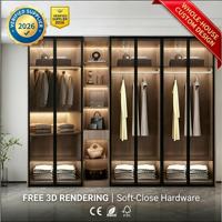 Guarda-Roupa Moderno de Luxo com Iluminação LED e Portas de Vidro Temperado, Sistema de Closet Personalizado para Armazenamento de Roupas