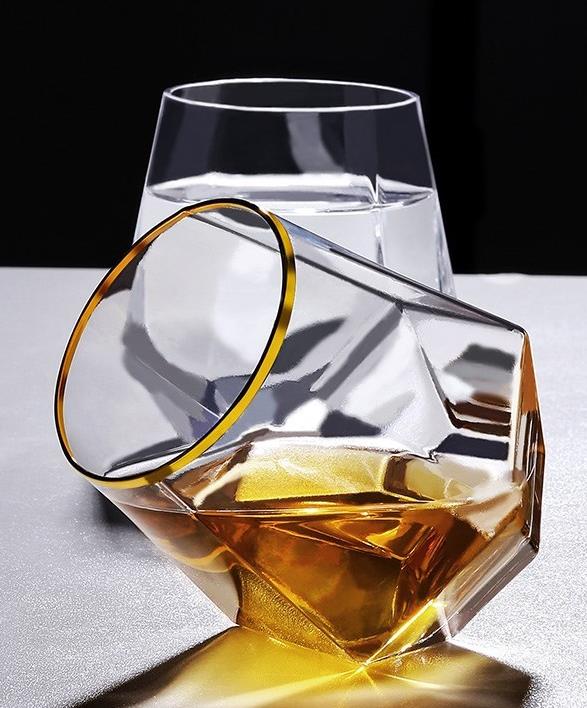 Hexagonal Clear Cup Stock OEM Colored Gold Rim Whiskey Glass Cup