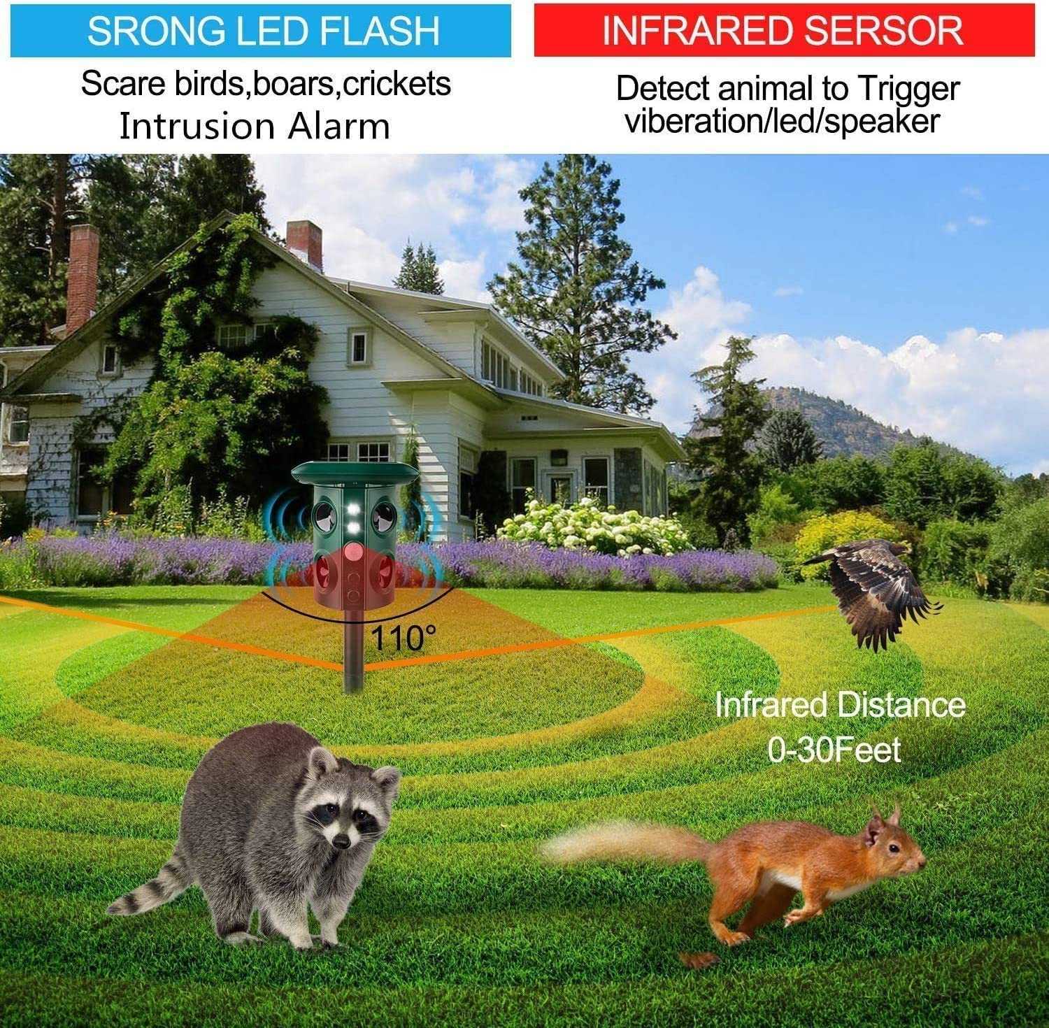 Outdoor Park Garten Bauernhof solar ultraschall vogel repeller Repellent Flash Tier schlange maus hund katze Waschbären Repeller Maschine