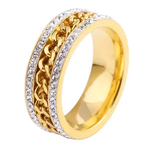 2023 18K Gold Plated Chain Mens Crystal Engagement Stainless Steel Ring Cores