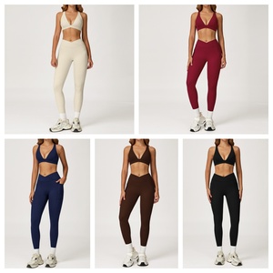 カスタマイズスポーツウェア クロスストラップ ディープVネック スポーツブラ Vウエスト スクランチバット ヨガレギンス 高弾性 ジム ワークアウト ヨガセット - Product Image 3