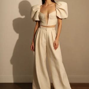 Nouvelle conception, ensemble élégant en deux pièces, haut court à manches bouffantes, pantalon large, tenue d'automne pour femmes, 100% lin - Product Image 1