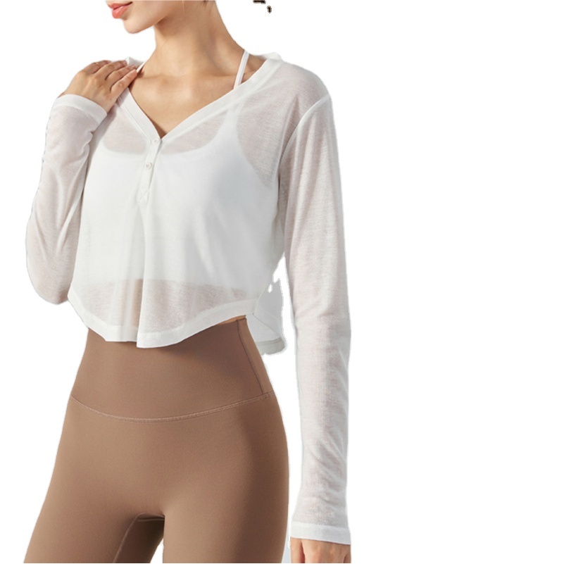 Women's Summer Thin V-neck Yoga Clothes Long-sleeved Short Style Outer T-shirt Loose Fitness Top Breathable Sports Blouse