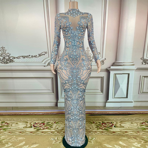 AD1538 Kimshein <span class=keywords><strong>Robe</strong></span> <span class=keywords><strong>De</strong></span> Femmes O Cou À Manches Longues Strass Perles Étincelant Cristal Robes Femmes Fête - Product Image 1