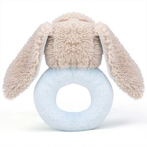 Hochet en peluche pour bébé, lapin <span class=keywords><strong>beige</strong></span> doux avec anneau bleu, poignée douce et anneau de préhension avec nœud bleu - Product Image 4