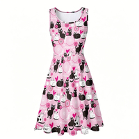 Robe skater sans manches pour femmes, rose, imprimé chat mignon, robe d'été trapèze avec poches latérales, mini-robe chaton de dessin animé