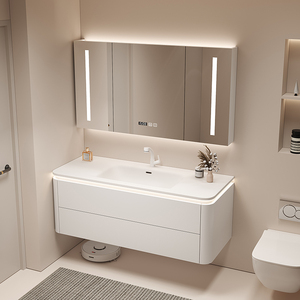 New White Modern Wall-Mounted Smart Bathroom <b>Vanity</b> Unit with LED Light Time Display Ceramic Basin Storage <b>Mirror</b> Cabinet - Product Image 4
