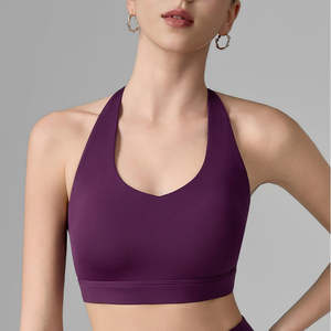 Haut de sport pour femme, soutien-gorge de yoga à col en U amovible, sensation de nu, respirant, design noué au dos, matière spandex/nylon, course à pied, devant - Product Image 2