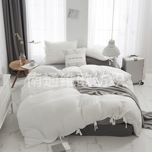 Soft Breathable Solid Color Polyester Wrinkle Resistant Washed Fabric Bed Skirt Bedding 3 Piece <b>Set</b> With Bow Tie Craft - Product Image 5