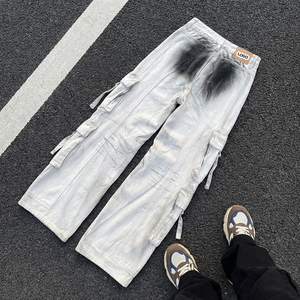 Pantalones <span class=keywords><strong>Cargo</strong></span> <span class=keywords><strong>Blancos</strong></span> Lavados Estilo Americano Vintage, Pantalones Personalizados para Hombre, <span class=keywords><strong>Jeans</strong></span> Casuales Desgastados, <span class=keywords><strong>Jeans</strong></span> Anchos de Pierna Recta - Product Image 2