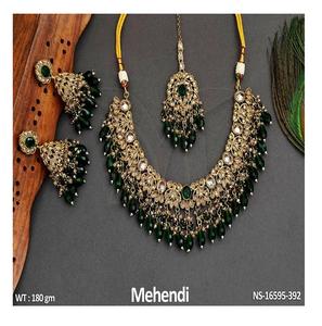 <b>Emerald</b> Green Mehendi <b>Jewelry</b> <b>Set</b> Necklace with Kundan Stones and Green Bead Accents, Perfect for Festive and Bridal Wear - Product Image 1