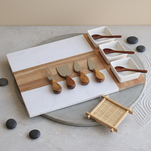 Planche à <span class=keywords><strong>fromages</strong></span> et charcuteries 16x12 pouces en bois d'acacia et marbre avec <span class=keywords><strong>3</strong></span> bols, <span class=keywords><strong>3</strong></span> cuillères, 4 ustensiles à charcuterie, plateaux <span class=keywords><strong>de</strong></span> découpe et <span class=keywords><strong>de</strong></span> service - Product Image 1