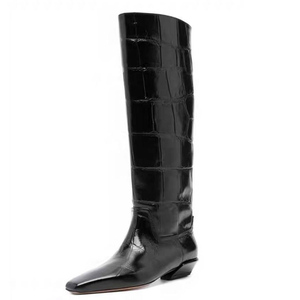 Bottes hautes en daim à talon carré épais taille 44 pour femme, coupe large, motif pierre, à bout carré - Product Image 1