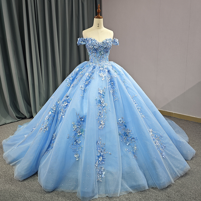 Vestidos de tul azul claro 3D flor princesa dulce 15 16 cumpleanos vestido de fiesta fuera del hombro Quinceanera Prom 6655