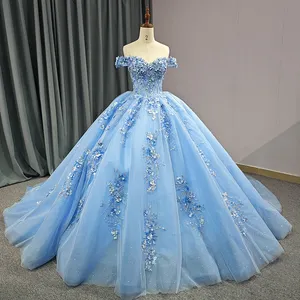 Light Blue Tulle Vestidos Flor 3D Princesa Doce 15 16 Birthday Ball Gown Fora do Ombro Quinceanera Prom 6655