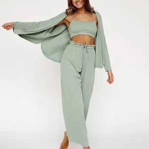 Women Lingerie Ice Silk Pajamas Trousers Robe 3 Pieces Set Ribbed Loungewear Set Women