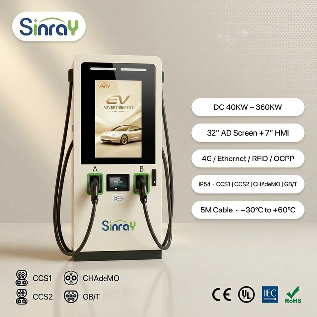 60KW 120KW 320KW Commercial DC EV Fast Charger 32 Inch Ad Screen Double Front Gun CCS1 CCS2 CHADEMO GBT OCPP 1.6J 4G RFID IP54