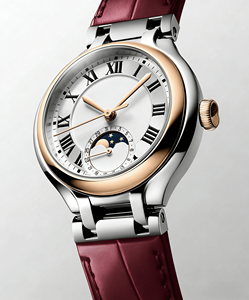 Montre de soirée bicolore avec cadran blanc à chiffres romains, phase de lune et bracelet en cuir bordeaux Longinesing - Product Image 2