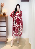 Robe longue plissée Miyake à manches longues et col rond, coupe ample, style décontracté vintage, moulante, à pois, lavable, boutonnée