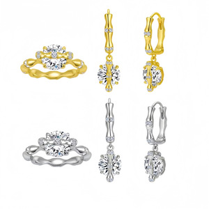 Ensemble bague et boucles d'oreilles en argent sterling avec motif bambou et zircone cubique pour femme, à porter au quotidien - Product Image 1