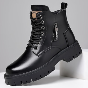Botas de Trabajo para Hombre, Estilo Británico Retro, con Cordones y Cremallera, de Cuero Sintético Antideslizante y Duradero, con Suela Gruesa y Forro de Piel - Product Image 2