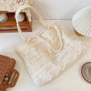 Summer casual shoulder <b>bag</b> lace <b>canvas</b> <b>bag</b> <b>large</b> capacity tote <b>bag</b> hollowed out women's handbag - Product Image 6