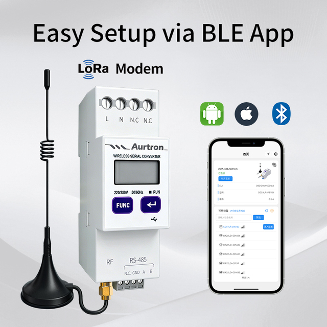 868MHz LoRa Gateway Aurtron CC51LR Wireless Serial RS485 Bridge LoRa Tap Switch Smart EV Charger 22KW Type 2 Din-Rail Mount