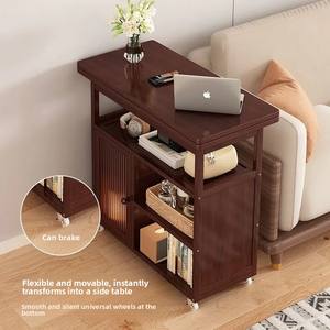 Table pliante moderne en bois avec bordure décorative, petite table à thé domestique multifonctionnelle sur roulettes pour appartement - Product Image 3