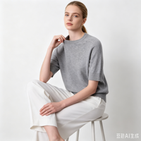 T-shirt en cachemire pur pour femme, col rond, couleur unie, manches courtes, coupe ample, doux, luxueux, tricoté, basique, pour le bureau ou décontracté