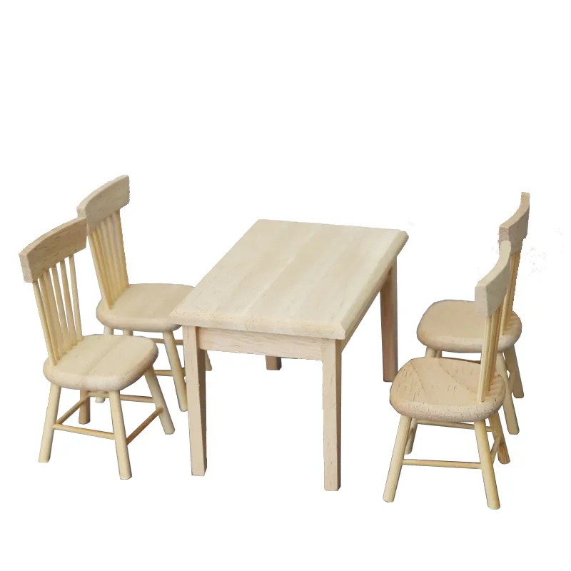 Набор миниатюрных столов для кукольного домика 1:12, деревянная мебель для кукольного домика с 4 необработанными стульями