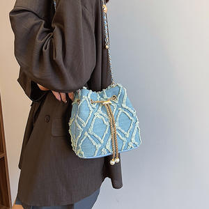 <b>Medium</b> Size Women's Canvas Tassel Decorated Shoulder <b>Bag</b> Diamond Pattern Drawstring Closure Crossbody <b>Bag</b> - Product Image 5