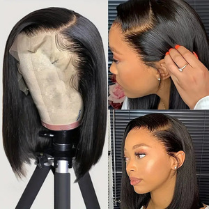 Peluca corta y lisa estilo bob para mujeres europeas y americanas, 100% cabello humano, completamente atada a mano, con frente de encaje negro para damas. - Product Image 2