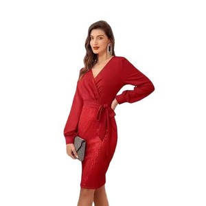 Cocktail Dress Women <b>Sequin</b> V Neck Wrap Long Sleeve Sheath Evening Gown Rose Gold Gold Black <b>Red</b> Silver Polyester 2524 - Product Image 5