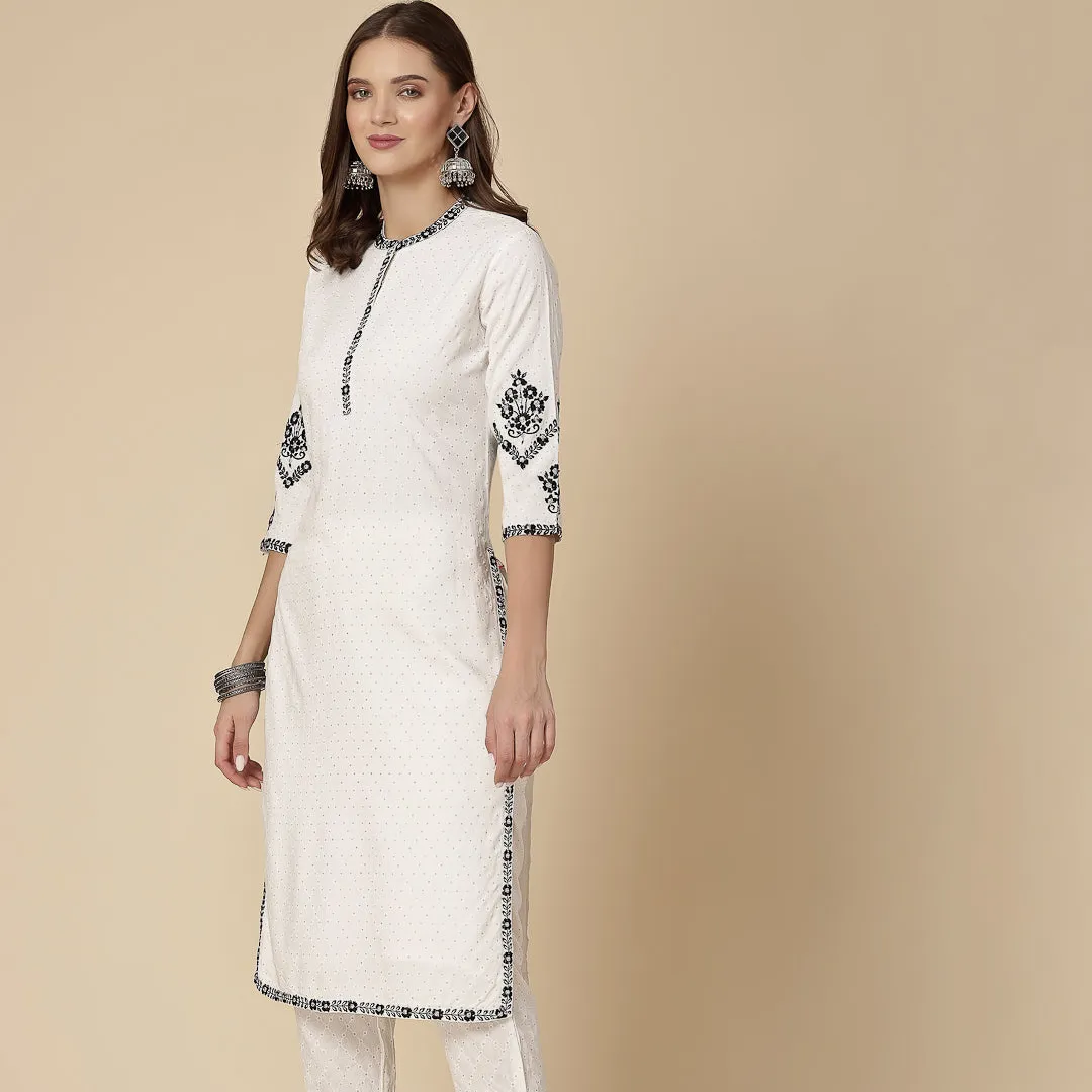 Women's White Color Embroidered Raton Kurta Pant Set Latest Design Women's Ready to Wear Kurti Sets Available at Wholesale Price