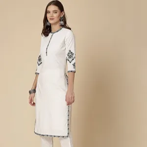 Women's White Color Embroidered Raton Kurta Pant Set Latest Design Women's Ready to Wear Kurti Sets Available at Wholesale Price
