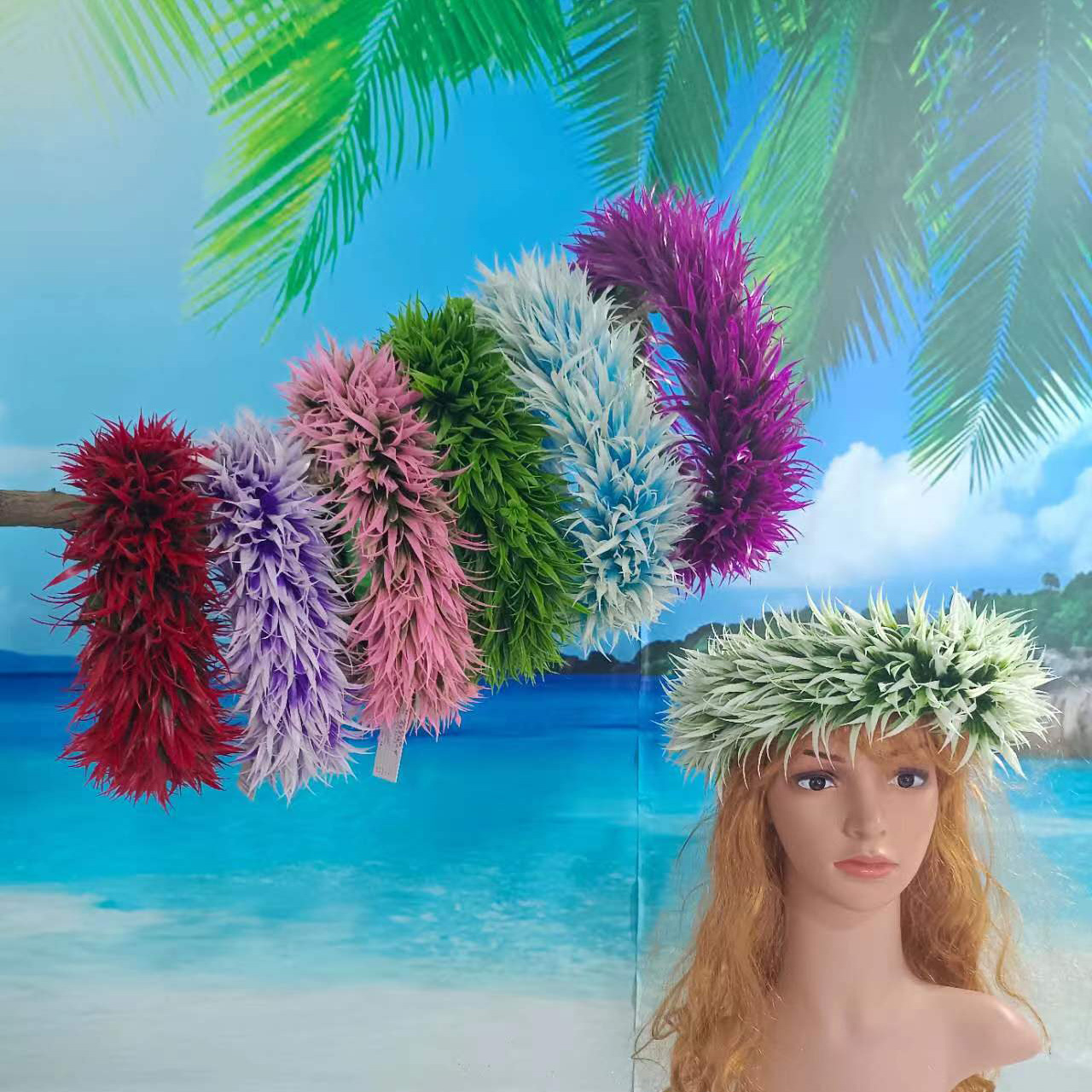 NOUVEAU Bandeau d'herbe de printemps épais artificiel Haku KN-hk046-1 Aloha Hula Dance Celebration Event Crown Floral Garland Headpieces