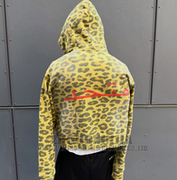 Sweat-shirt homme en molleton épais à capuche léopard, fermeture éclair intégrale, poche à œillets, effet délavé et vieilli, coupe courte