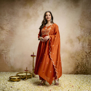 Conjunto Premium de Kurta, Palazzo y Dupatta de Georgette con Bordado Fino y Dupatta a Rayas para Mujer, Ideal para Bodas y Celebraciones Étnicas - Product Image 1