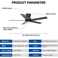 Ventilateur de plafond LED moderne et minimaliste de haute qualité, 42 pouces, 3 CCT, avec moteur DC, variateur d'intensité et télécommande