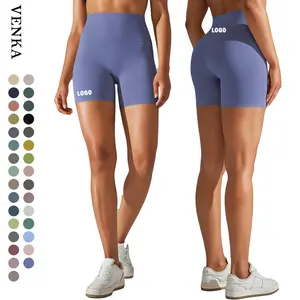 2024 Oem Logo kadınlar koşu şort nefes lüks yüksek bel zayıflama firma elastik bant elastik şeftali kalça Biker şort