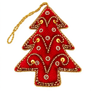 Ornement de Noël rouge fait main, décoration artisanale en coton perlé, décoration pour arbre de Noël, arbre de Noël rouge perlé. - Product Image 1