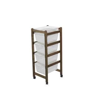 Chariot utilitaire moderne en bois de hêtre massif de haute qualité avec plateau amovible et 4 paniers en plastique de qualité alimentaire - Pour la cuisine ou la salle de bain - Product Image 3